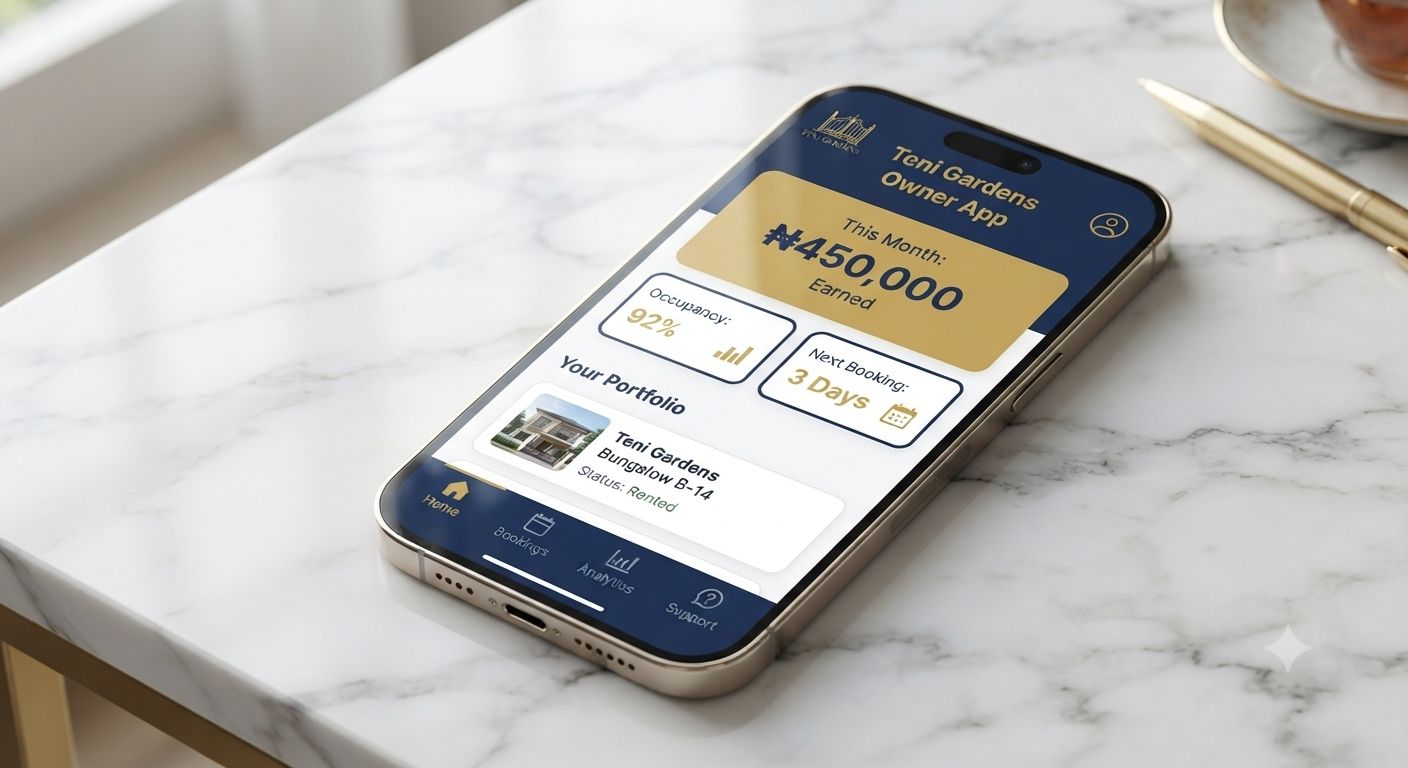 Teni Gardens Owner App showing this month's payout, occupancy, and next booking